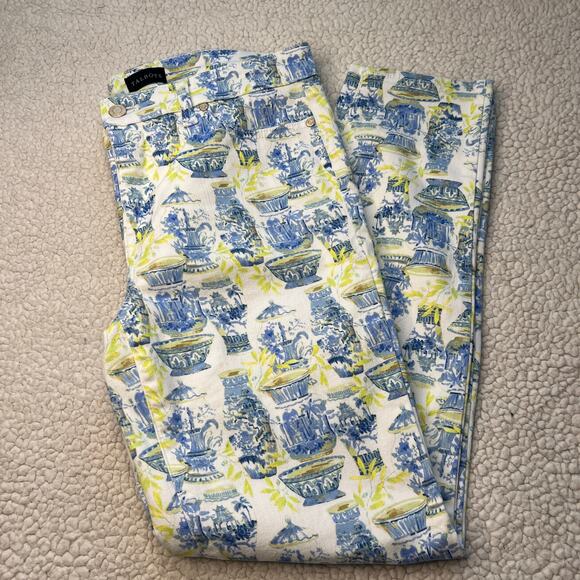 Talbots Slim Ankle Jean Blue Yellow Watercolor Vase Print Size 4 - Picture 1 of 12